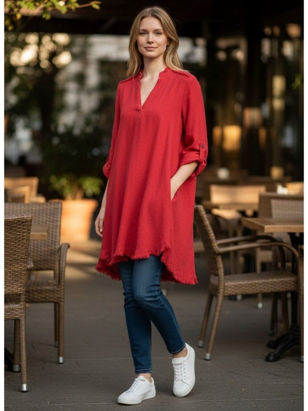 White Birch Womens Frayed Hem Tunic Dress Button Tab Sleeves Red Medium - Picture 1 of 7